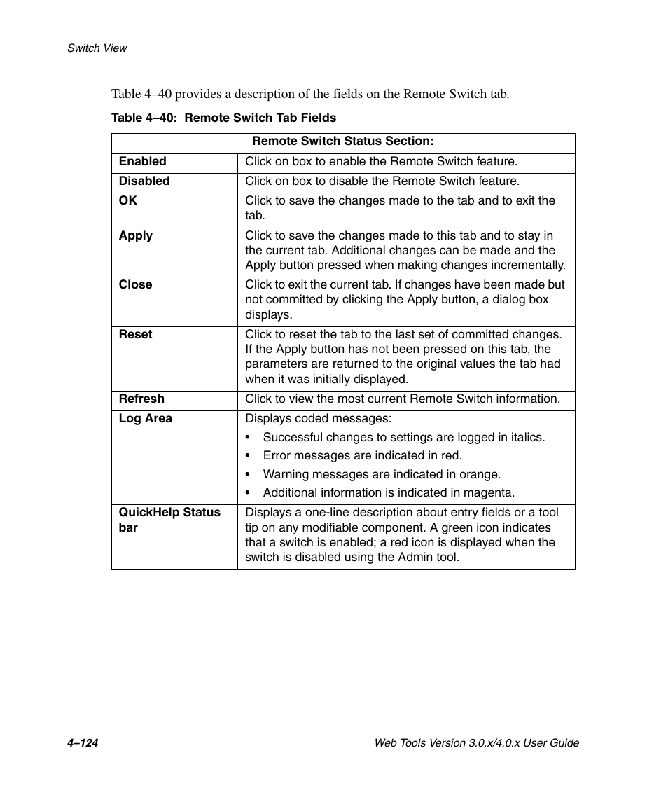 Table 4-40: remote switch tab fields, Remote switch tab fields –124 | HP StorageWorks 2.32 SAN Switch User Manual | Page 280 / 348