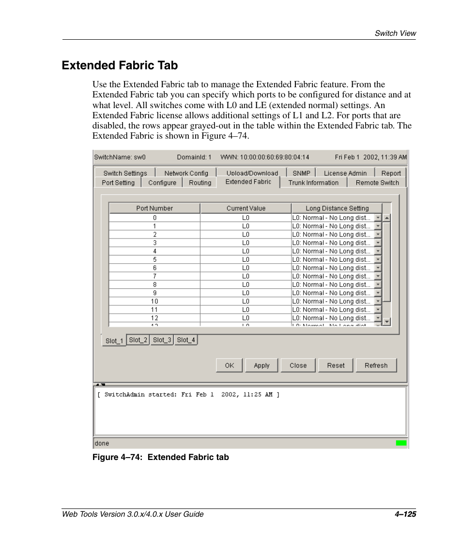 Extended fabric tab, Figure 4-74: extended fabric tab, Extended fabric tab –125 | HP StorageWorks 2.32 SAN Switch User Manual | Page 281 / 348