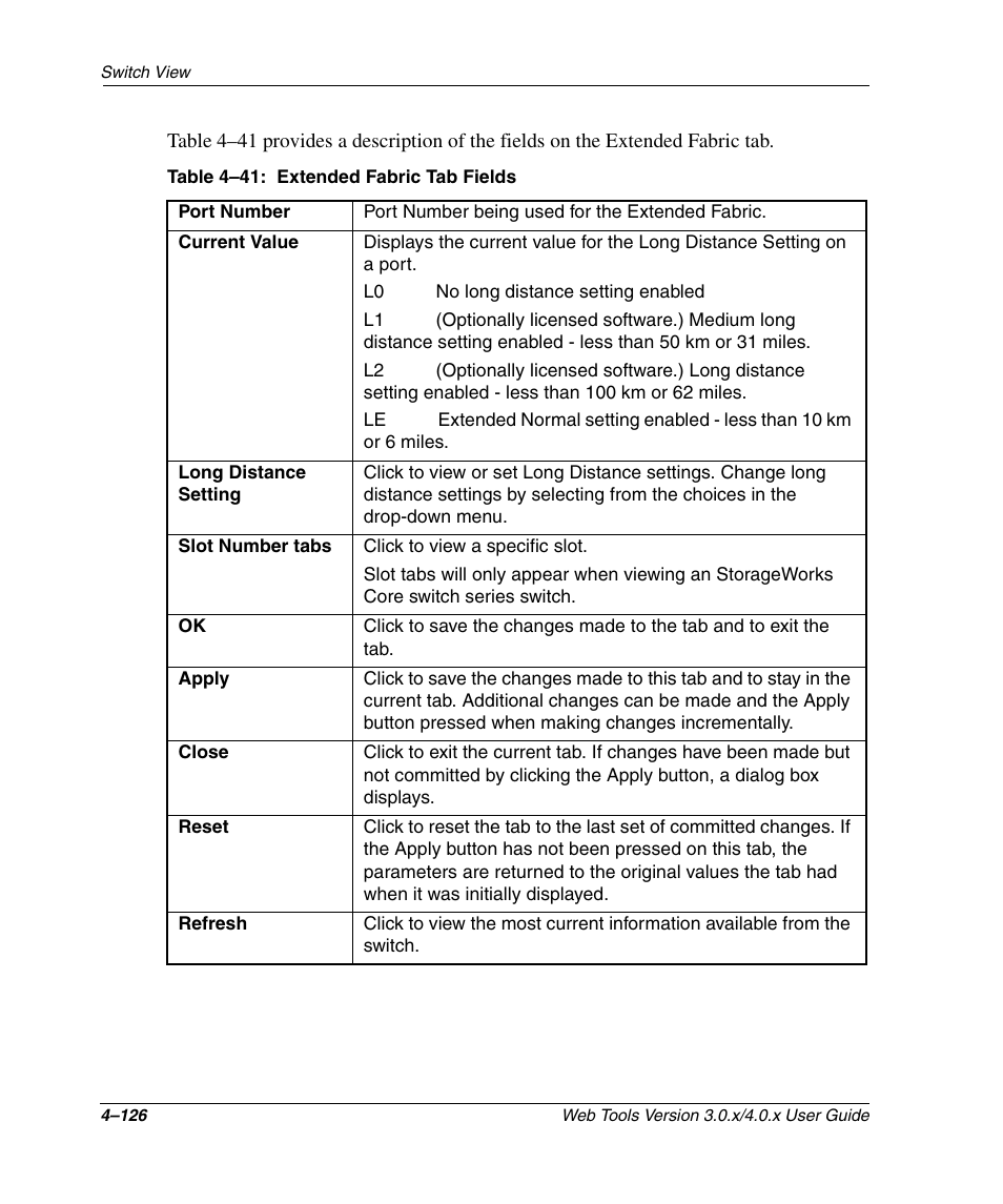 Table 4-41: extended fabric tab fields, Extended fabric tab fields –126 | HP StorageWorks 2.32 SAN Switch User Manual | Page 282 / 348