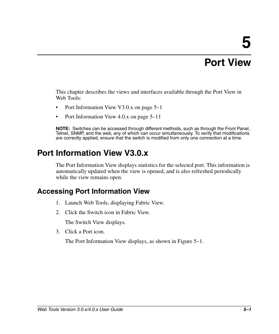 Port view, Port information view v3.0.x, Accessing port information view | Port information view v3.0.x –1, Accessing port information view –1 | HP StorageWorks 2.32 SAN Switch User Manual | Page 289 / 348