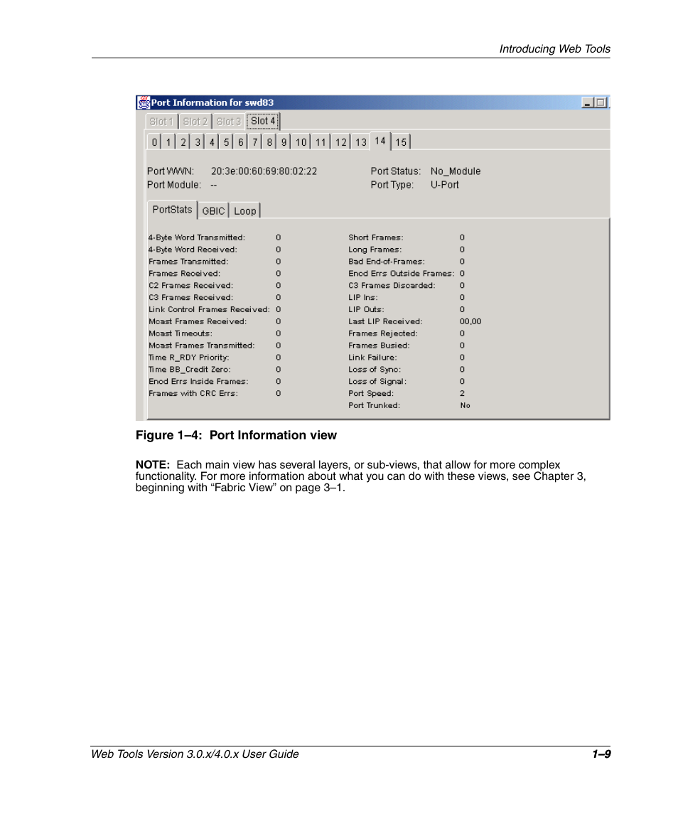 Figure 1-4: port information view, Port information view –9, Figure 1–4 | See figure 1–4 | HP StorageWorks 2.32 SAN Switch User Manual | Page 29 / 348