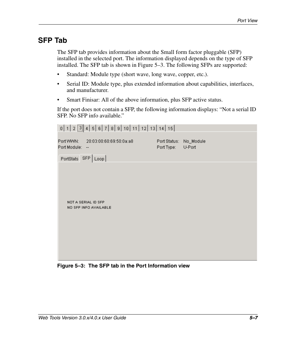 Sfp tab, Sfp tab –7, The sfp tab in the port information view –7 | HP StorageWorks 2.32 SAN Switch User Manual | Page 295 / 348