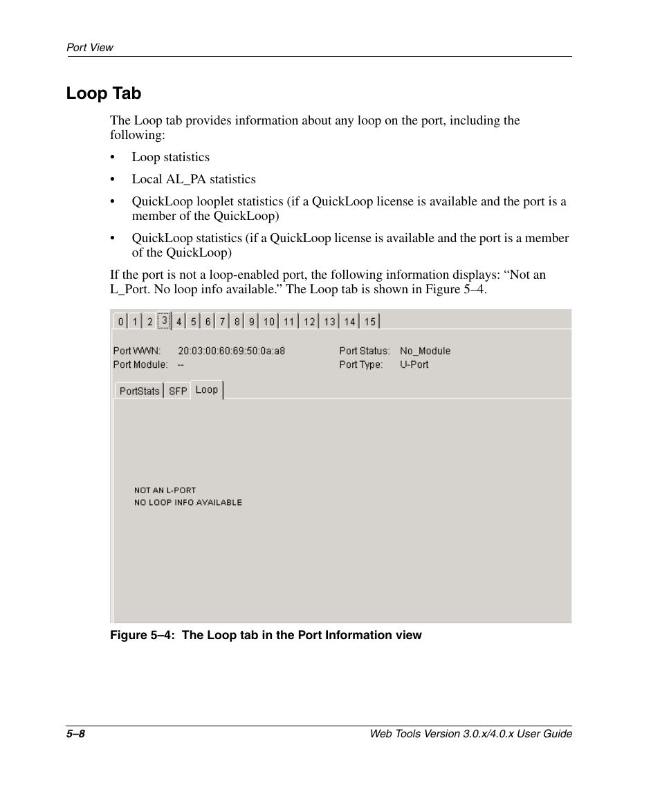 Loop tab, Loop tab –8, The loop tab in the port information view –8 | See “loop tab” o, Loop tab” o | HP StorageWorks 2.32 SAN Switch User Manual | Page 296 / 348