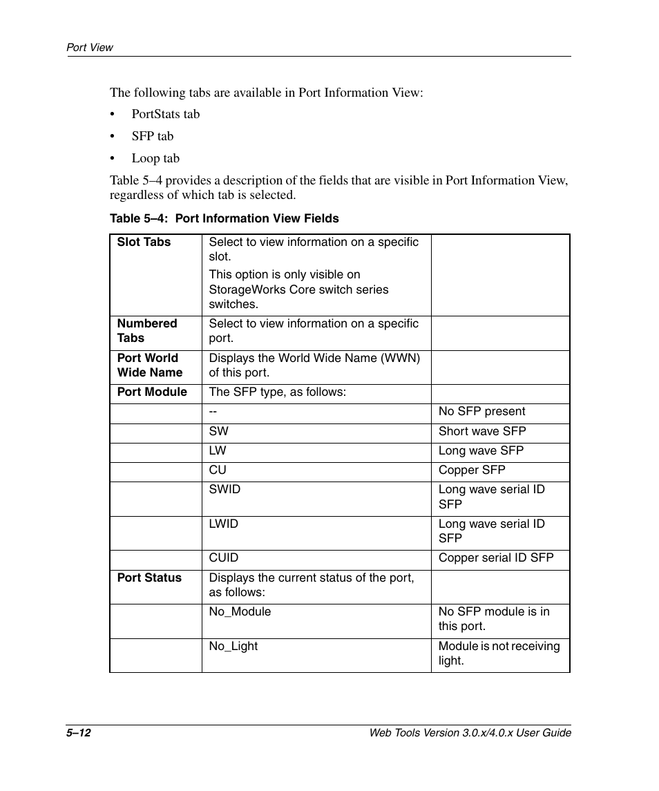 Table 5-4: port information view fields, Port information view fields –12 | HP StorageWorks 2.32 SAN Switch User Manual | Page 300 / 348