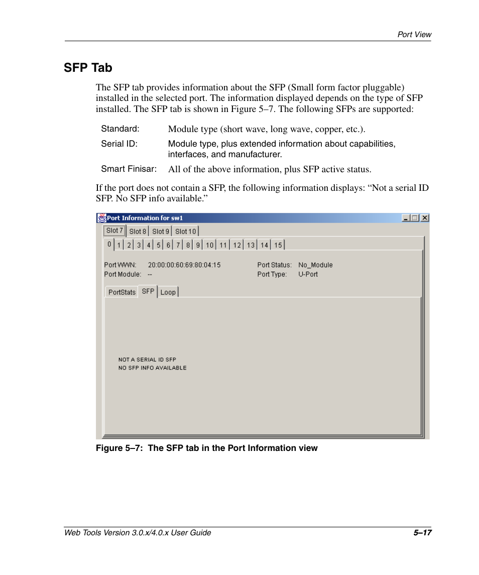 Sfp tab, Sfp tab –17, The sfp tab in the port information view –17 | E “sfp tab, He “sfp tab | HP StorageWorks 2.32 SAN Switch User Manual | Page 305 / 348