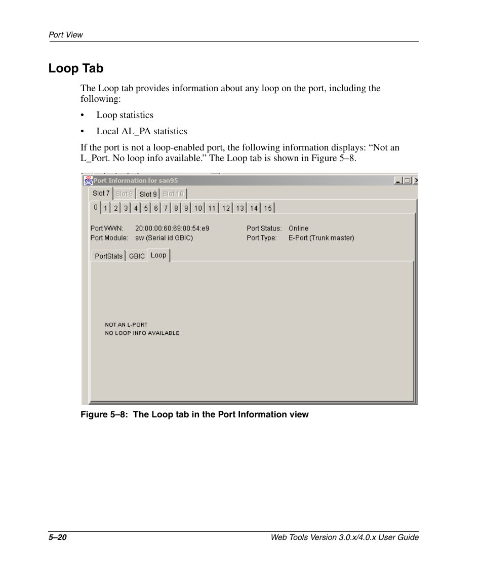 Loop tab, Loop tab –20, The loop tab in the port information view –20 | Loop tab” o | HP StorageWorks 2.32 SAN Switch User Manual | Page 308 / 348