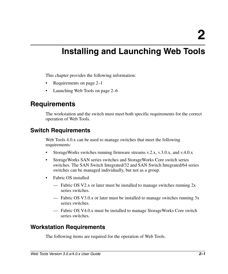 Installing and launching web tools, Requirements, Switch requirements | Workstation requirements, Requirements –1, Switch requirements –1 workstation requirements –1 | HP StorageWorks 2.32 SAN Switch User Manual | Page 31 / 348