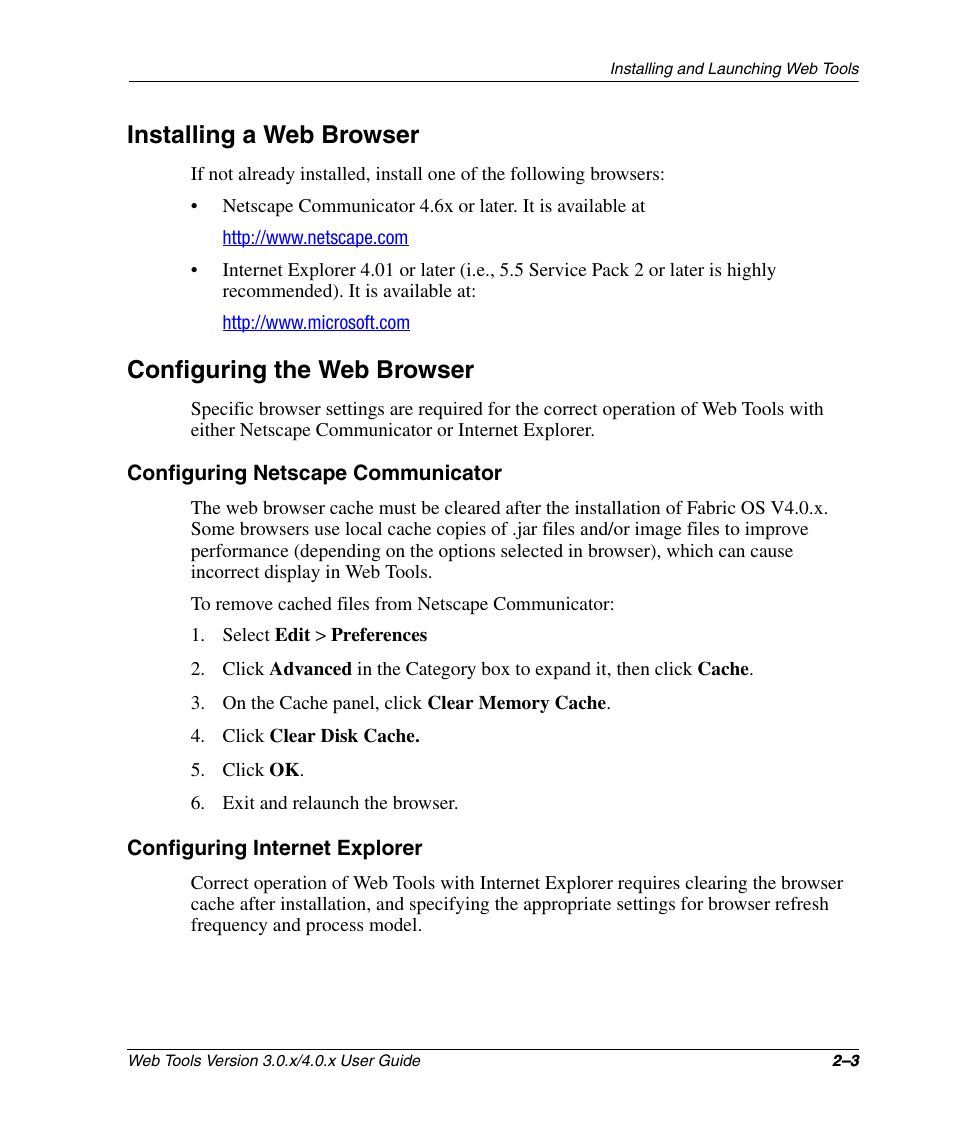 Installing a web browser, Configuring the web browser, Configuring netscape communicator | Configuring internet explorer | HP StorageWorks 2.32 SAN Switch User Manual | Page 33 / 348