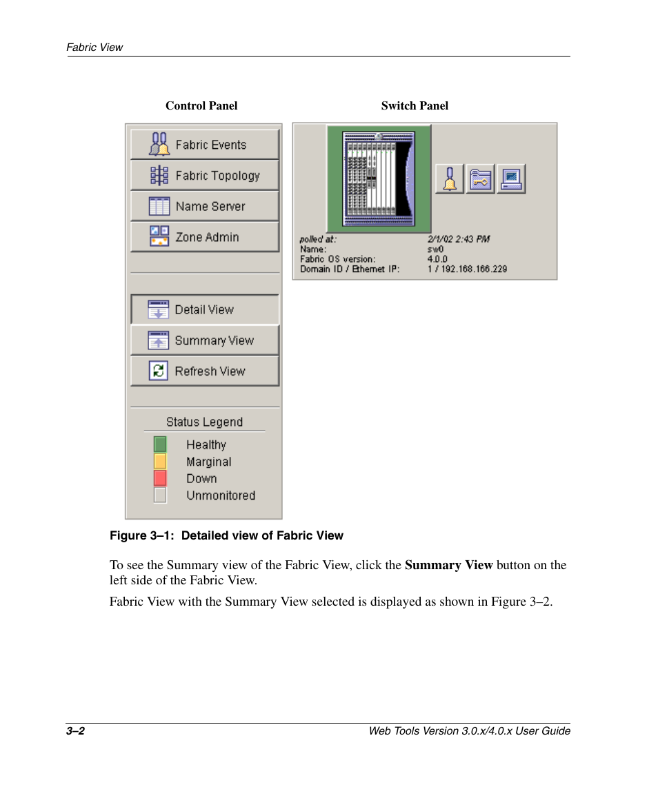 Figure 3-1: detailed view of fabric view, Detailed view of fabric view –2, Figure 3–1. the | HP StorageWorks 2.32 SAN Switch User Manual | Page 38 / 348