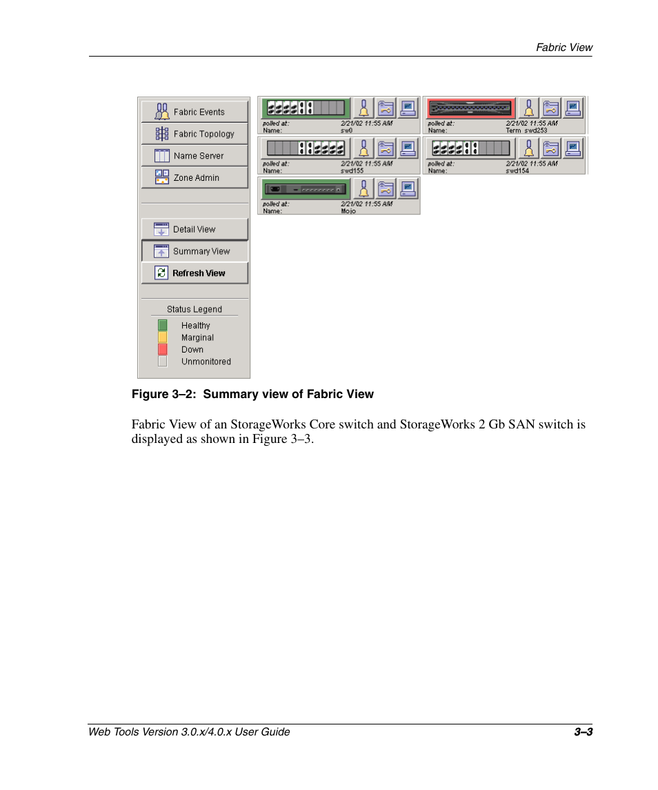 Figure 3-2: summary view of fabric view, Summary view of fabric view –3 | HP StorageWorks 2.32 SAN Switch User Manual | Page 39 / 348