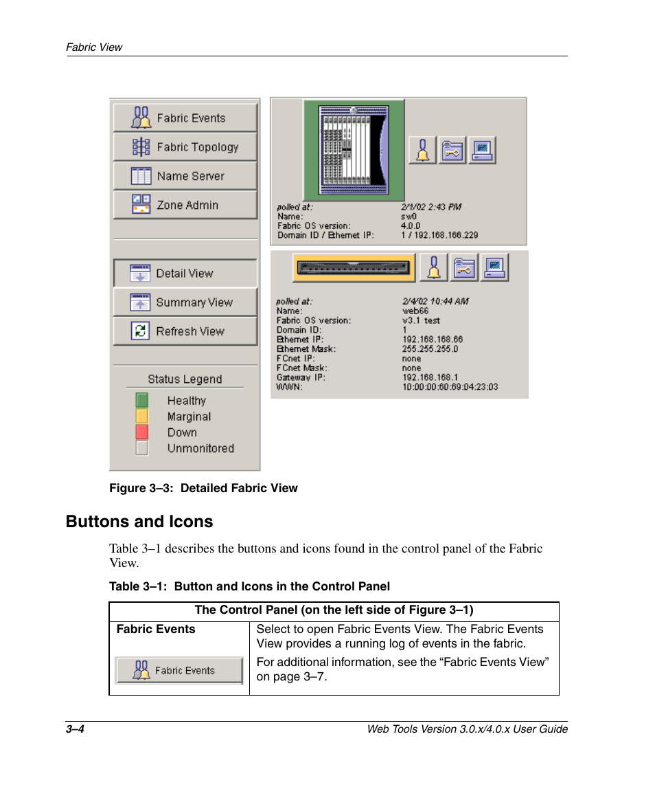 Figure 3-3: detailed fabric view, Buttons and icons, Table 3-1: button and icons in the control panel | Buttons and icons –4, Detailed fabric view –4, Button and icons in the control panel –4 | HP StorageWorks 2.32 SAN Switch User Manual | Page 40 / 348