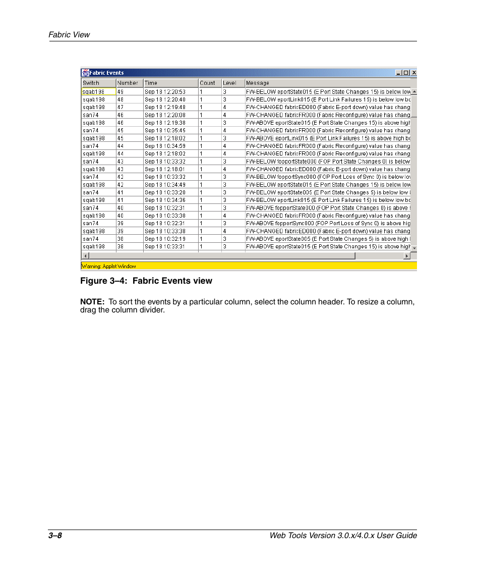 Figure 3-4: fabric events view, Fabric events view –8 | HP StorageWorks 2.32 SAN Switch User Manual | Page 44 / 348