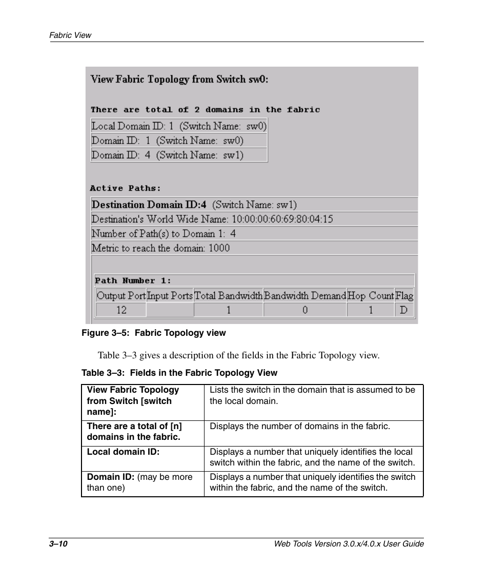 Figure 3-5: fabric topology view, Table 3-3: fields in the fabric topology view, Fabric topology view –10 | Fields in the fabric topology view –10, Figure 3–5 | HP StorageWorks 2.32 SAN Switch User Manual | Page 46 / 348