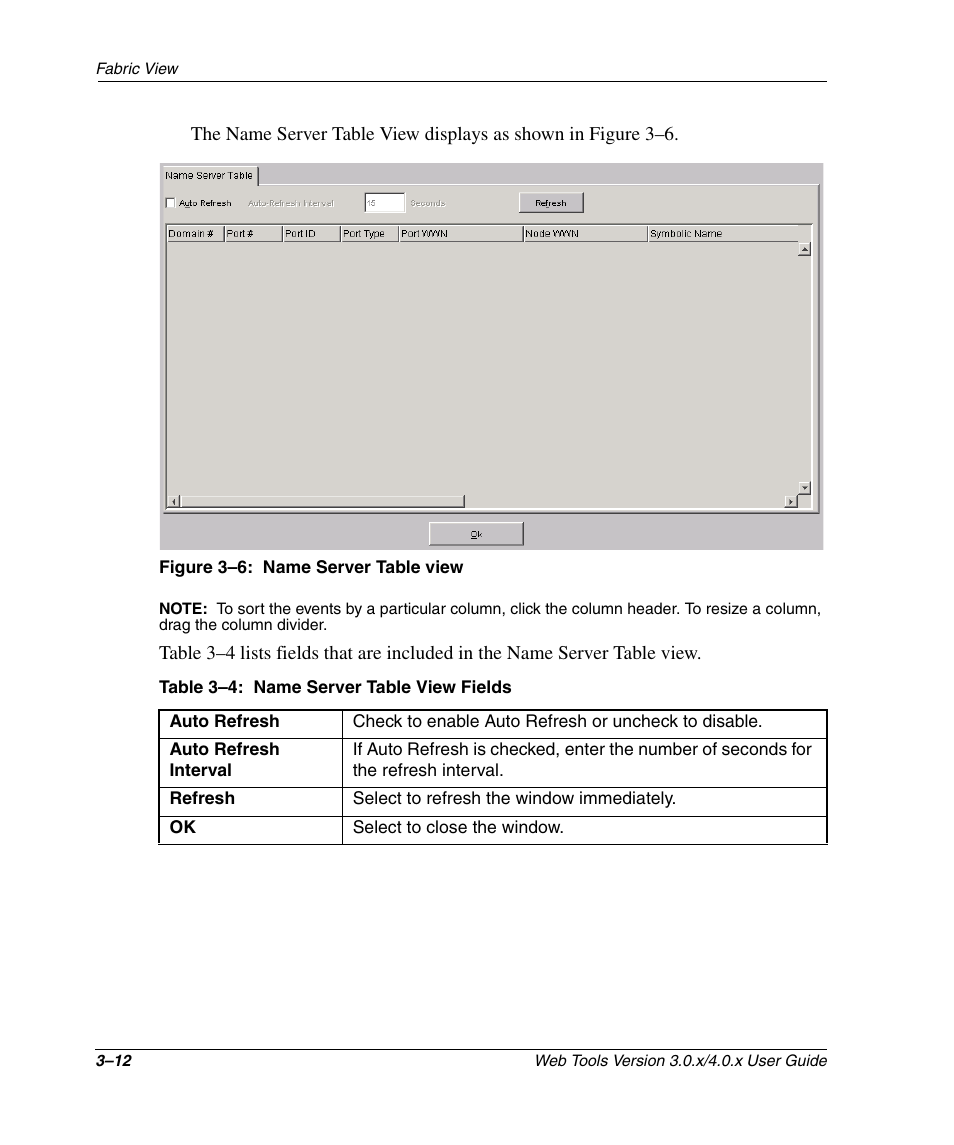 Figure 3-6: name server table view, Table 3-4: name server table view fields, Name server table view –12 | Name server table view fields –12 | HP StorageWorks 2.32 SAN Switch User Manual | Page 48 / 348