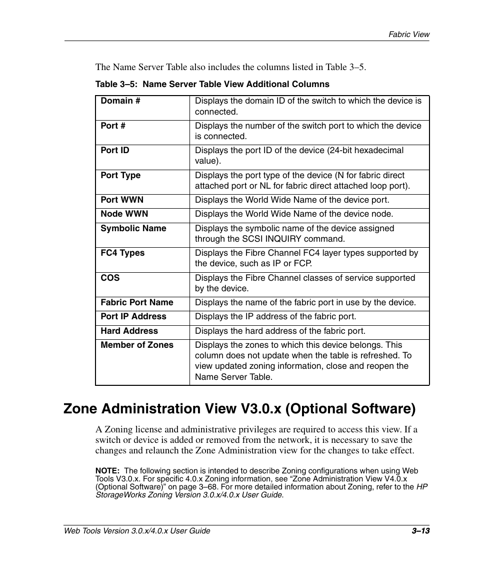 Name server table view additional columns –13 | HP StorageWorks 2.32 SAN Switch User Manual | Page 49 / 348