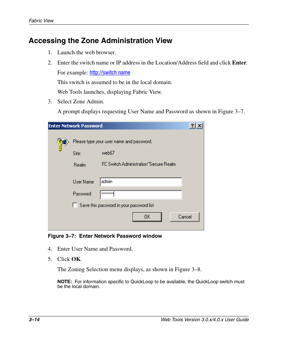 Accessing the zone administration view, Figure 3-7: enter network password window, Accessing the zone administration view –14 | Enter network password window –14 | HP StorageWorks 2.32 SAN Switch User Manual | Page 50 / 348