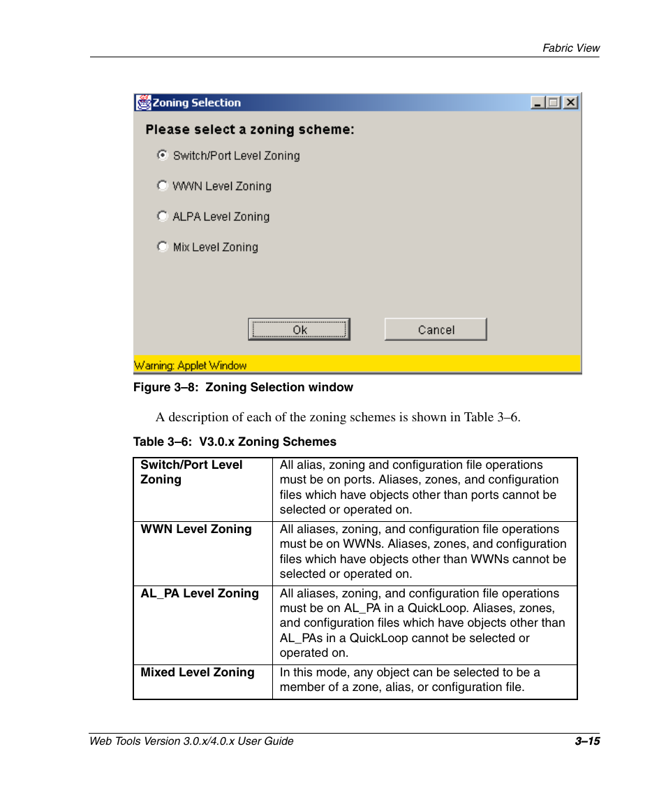 Figure 3-8: zoning selection window, Table 3-6: v3.0.x zoning schemes, Zoning selection window –15 | V3.0.x zoning schemes –15 | HP StorageWorks 2.32 SAN Switch User Manual | Page 51 / 348