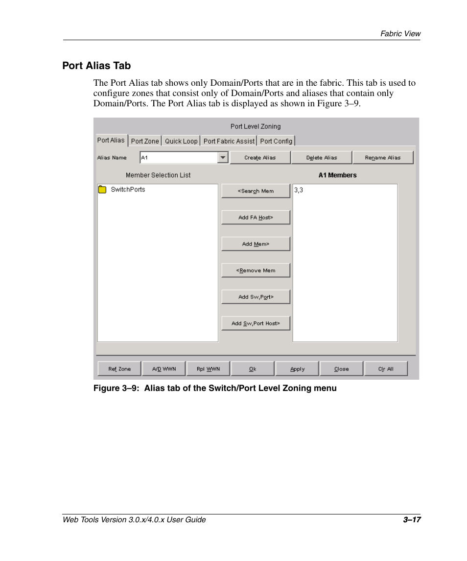 Port alias tab, Port alias tab –17, Alias tab of the switch/port level zoning menu –17 | HP StorageWorks 2.32 SAN Switch User Manual | Page 53 / 348