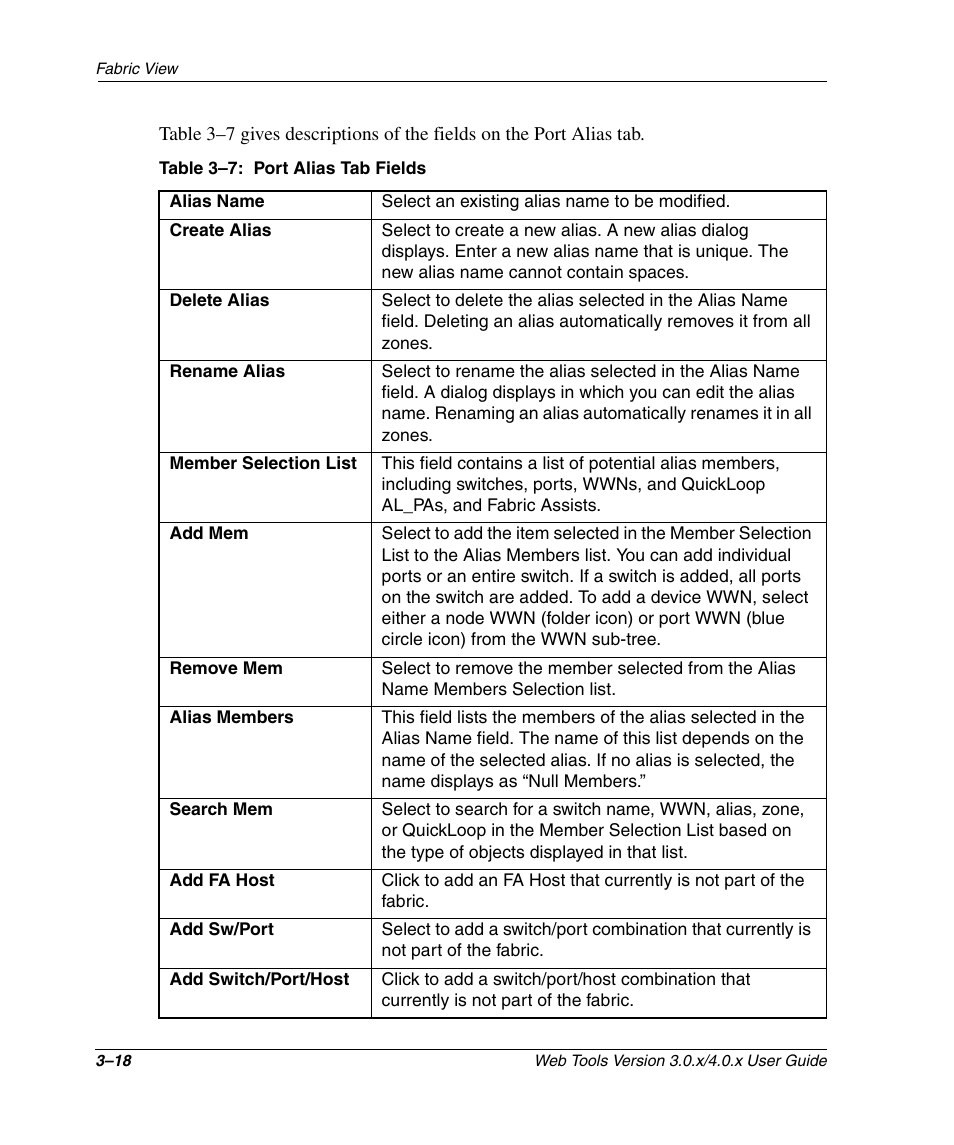 Table 3-7: port alias tab fields, Port alias tab fields –18 | HP StorageWorks 2.32 SAN Switch User Manual | Page 54 / 348