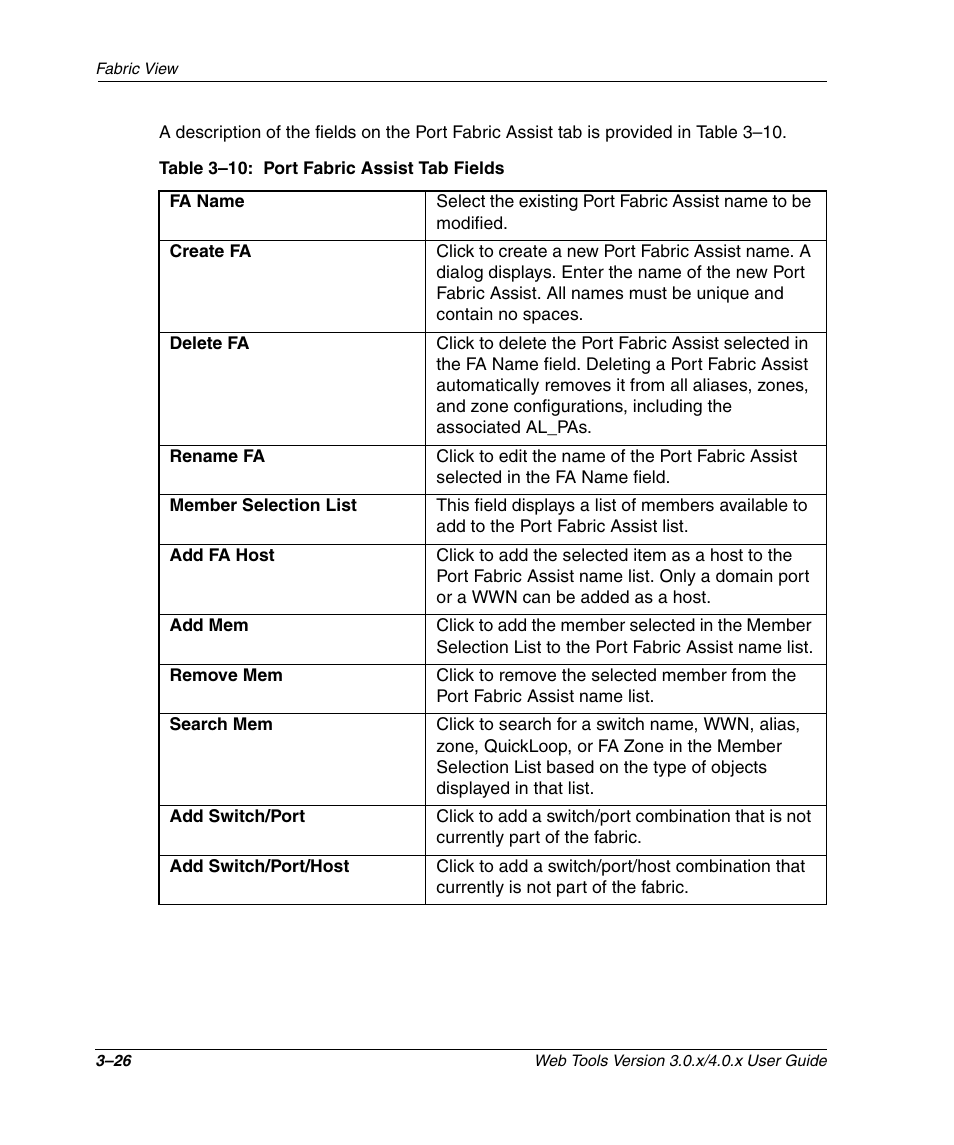 Table 3-10: port fabric assist tab fields, Port fabric assist tab fields –26 | HP StorageWorks 2.32 SAN Switch User Manual | Page 62 / 348