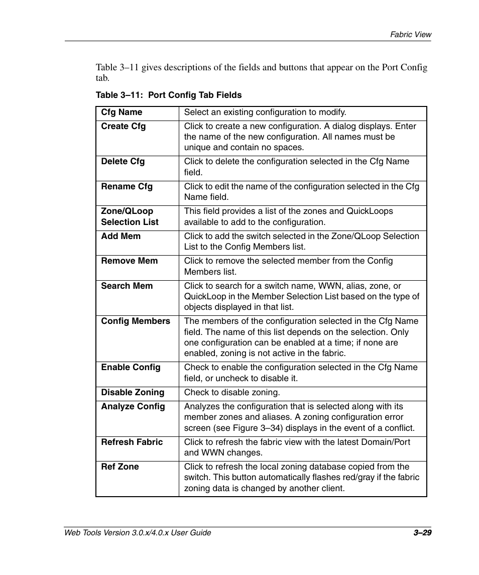 Table 3-11: port config tab fields, Port config tab fields –29 | HP StorageWorks 2.32 SAN Switch User Manual | Page 65 / 348