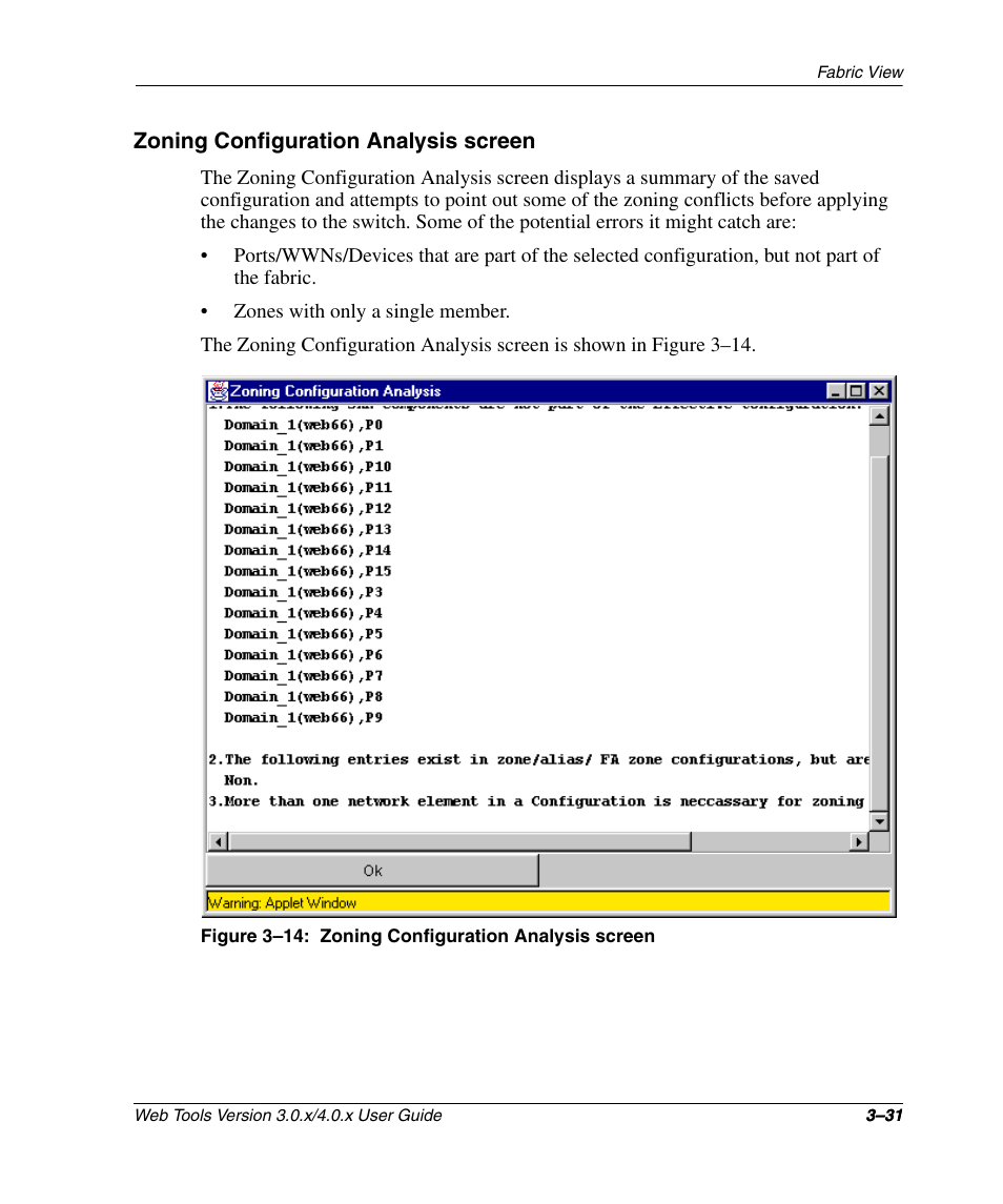 Zoning configuration analysis screen, Figure 3-14: zoning configuration analysis screen, Zoning configuration analysis screen –31 | HP StorageWorks 2.32 SAN Switch User Manual | Page 67 / 348