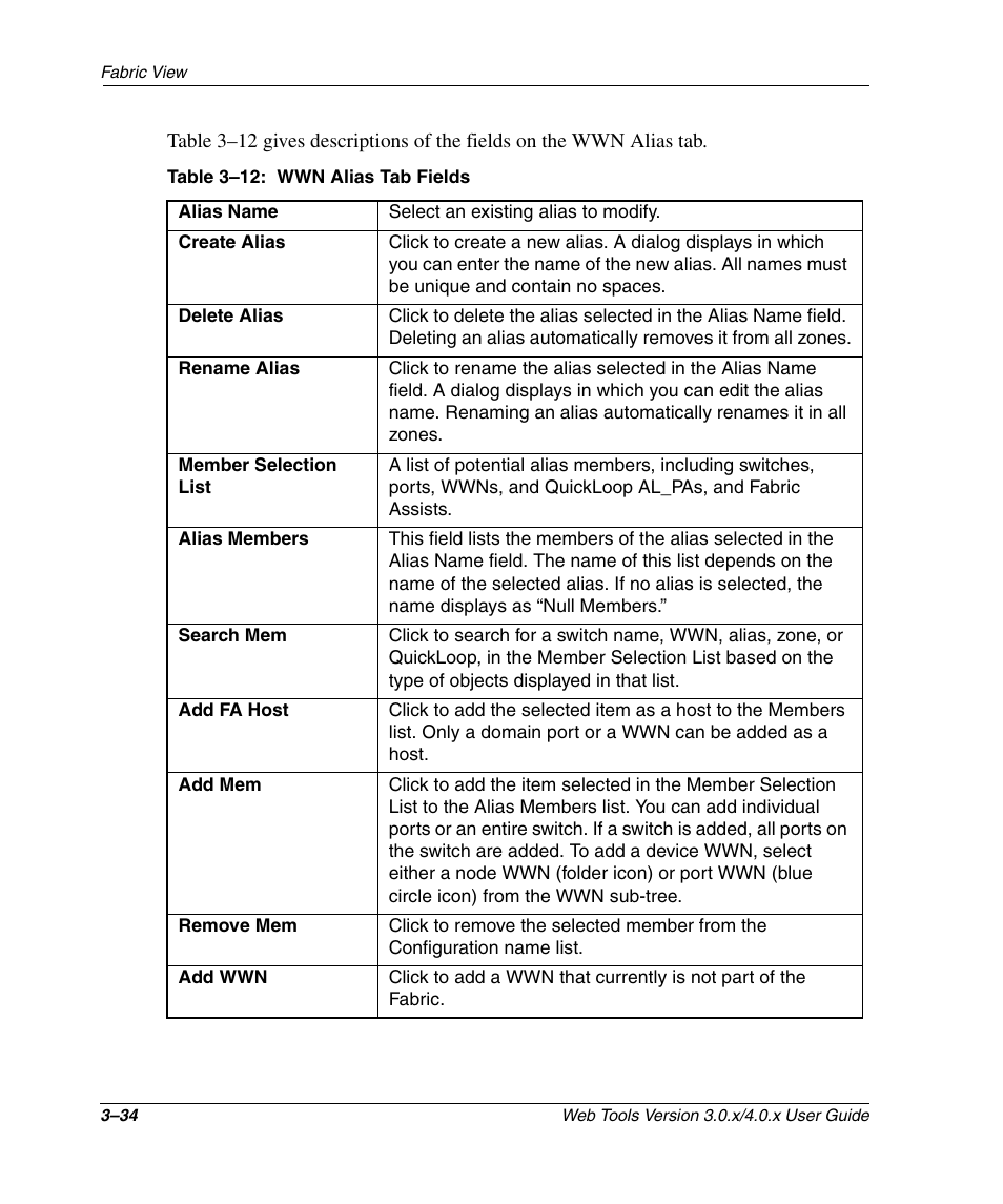 Table 3-12: wwn alias tab fields, Wwn alias tab fields –34 | HP StorageWorks 2.32 SAN Switch User Manual | Page 70 / 348