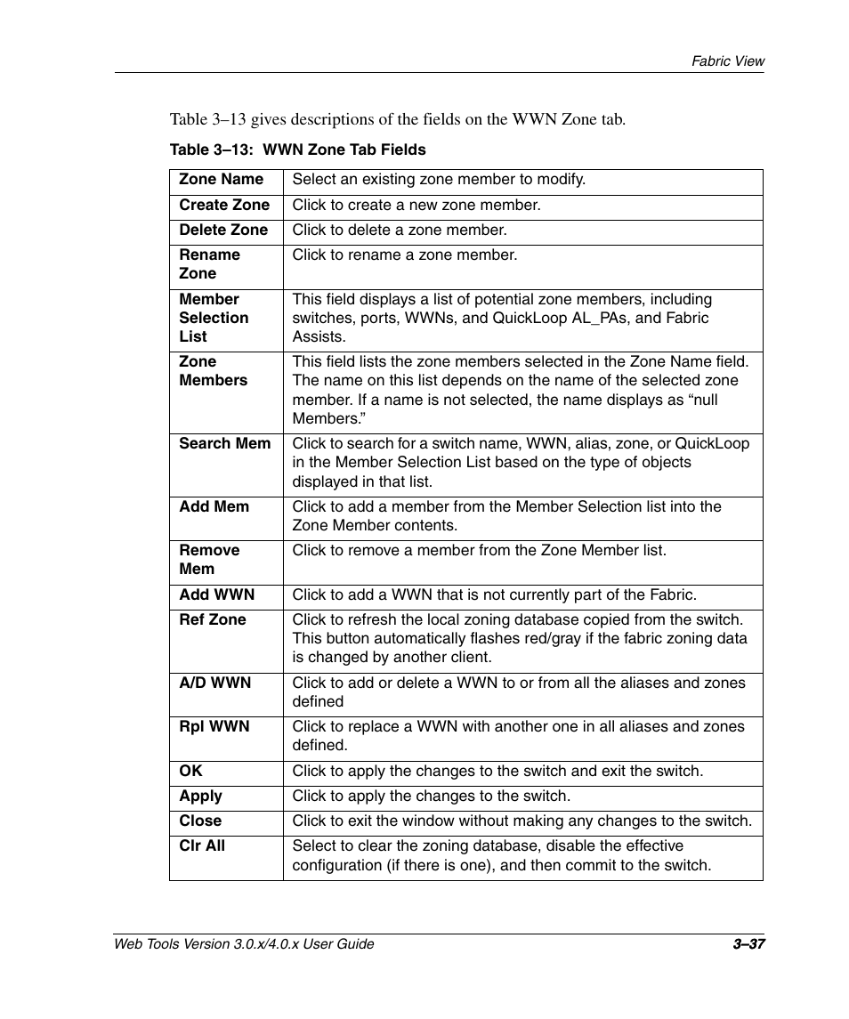 Table 3-13: wwn zone tab fields, Wwn zone tab fields –37 | HP StorageWorks 2.32 SAN Switch User Manual | Page 73 / 348