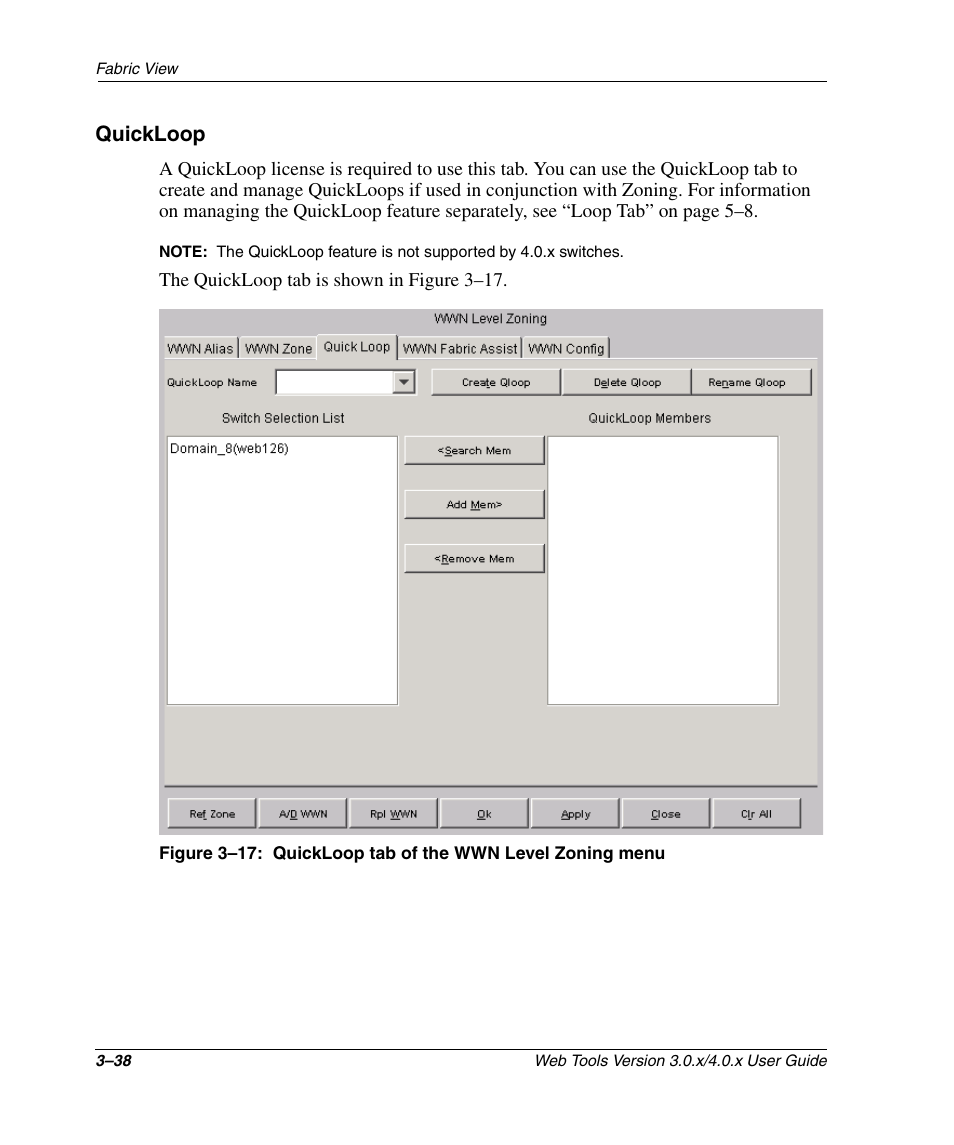 Quickloop, Quickloop –38, Quickloop tab of the wwn level zoning menu –38 | HP StorageWorks 2.32 SAN Switch User Manual | Page 74 / 348