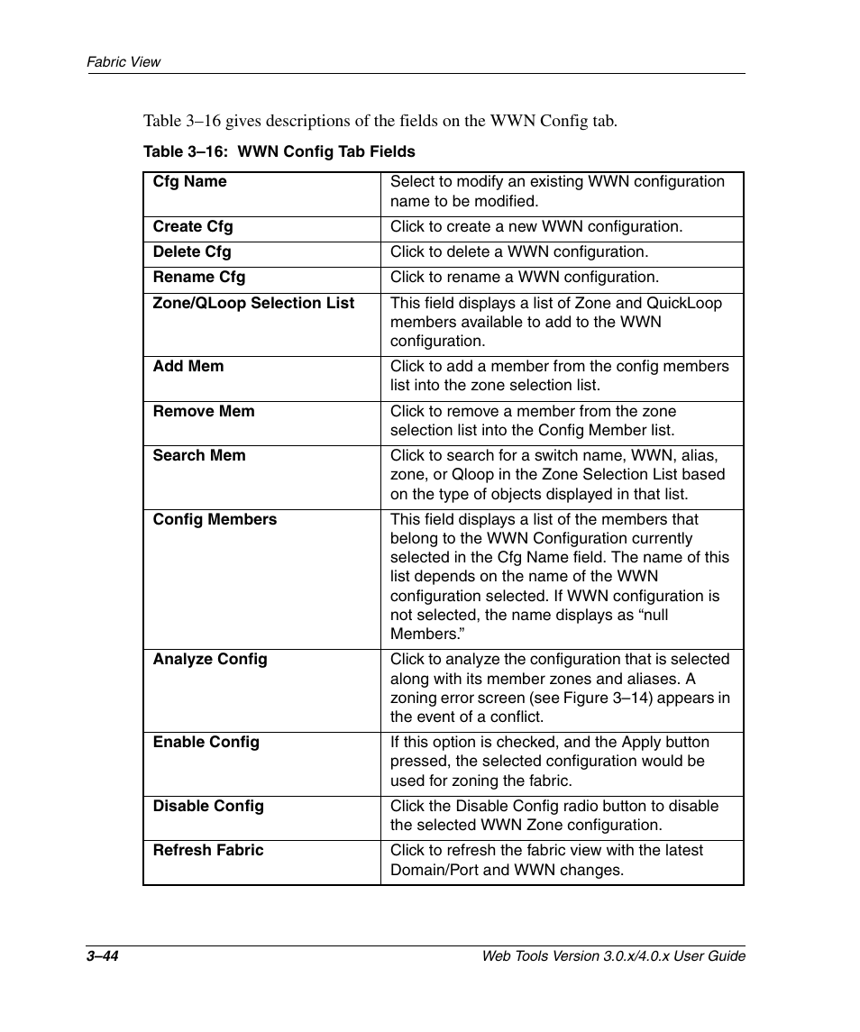 Table 3-16: wwn config tab fields, Wwn config tab fields –44 | HP StorageWorks 2.32 SAN Switch User Manual | Page 80 / 348