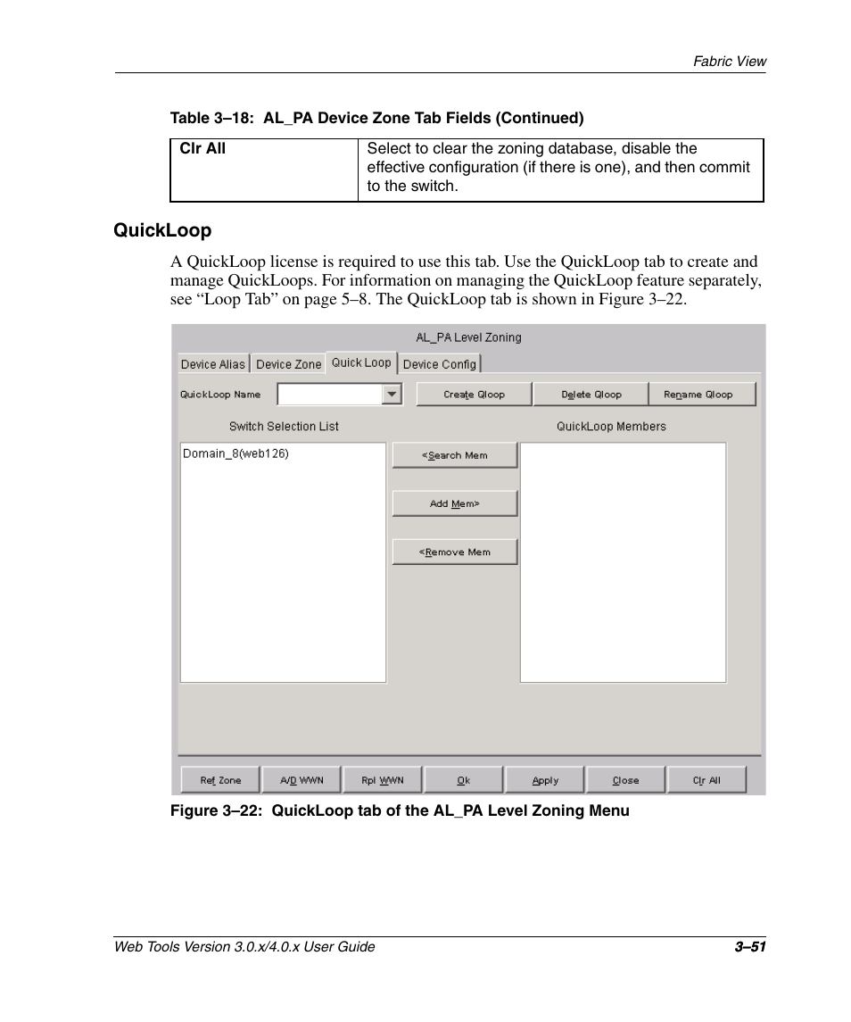 Quickloop, Quickloop –51, Quickloop tab of the al_pa level zoning menu –51 | HP StorageWorks 2.32 SAN Switch User Manual | Page 87 / 348