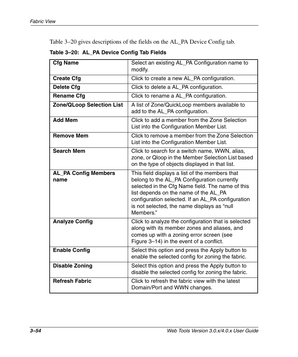 Table 3-20: al_pa device config tab fields, Al_pa device config tab fields –54 | HP StorageWorks 2.32 SAN Switch User Manual | Page 90 / 348