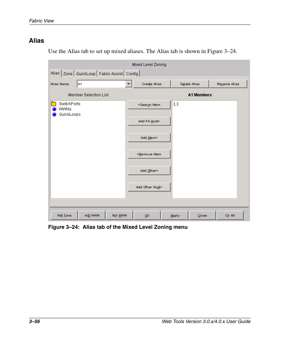 Alias, Alias –56, Alias tab of the mixed level zoning menu –56 | HP StorageWorks 2.32 SAN Switch User Manual | Page 92 / 348