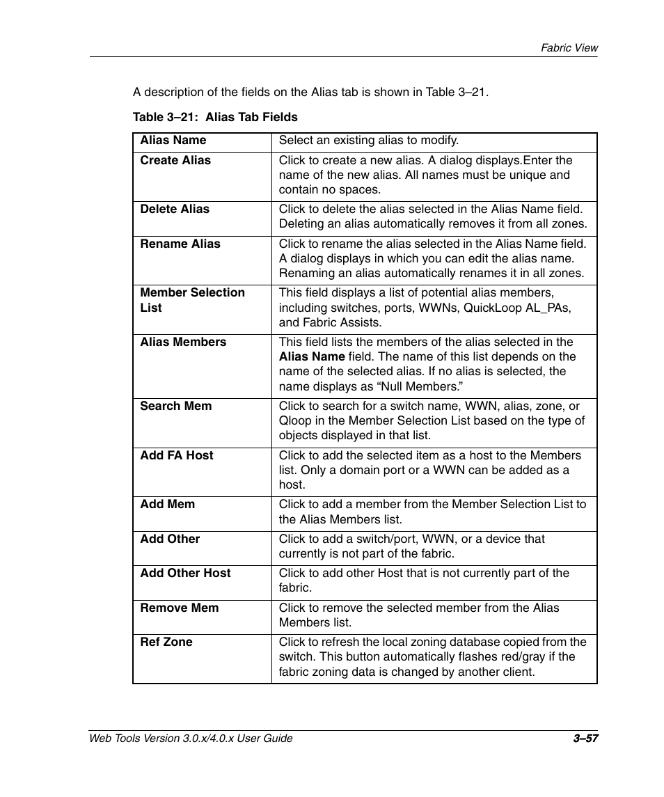 Table 3-21: alias tab fields, Alias tab fields –57 | HP StorageWorks 2.32 SAN Switch User Manual | Page 93 / 348