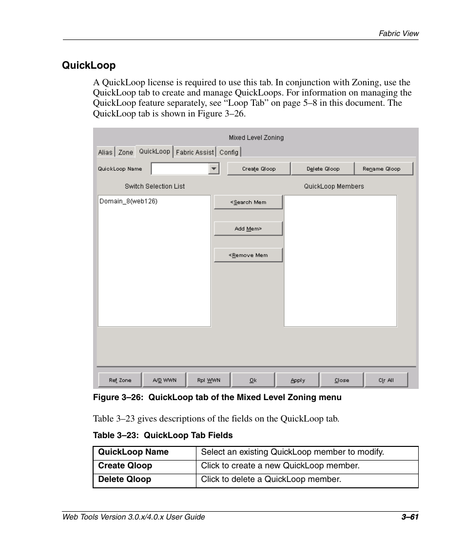 Quickloop, Table 3-23: quickloop tab fields, Quickloop –61 | Quickloop tab of the mixed level zoning menu –61, Quickloop tab fields –61 | HP StorageWorks 2.32 SAN Switch User Manual | Page 97 / 348
