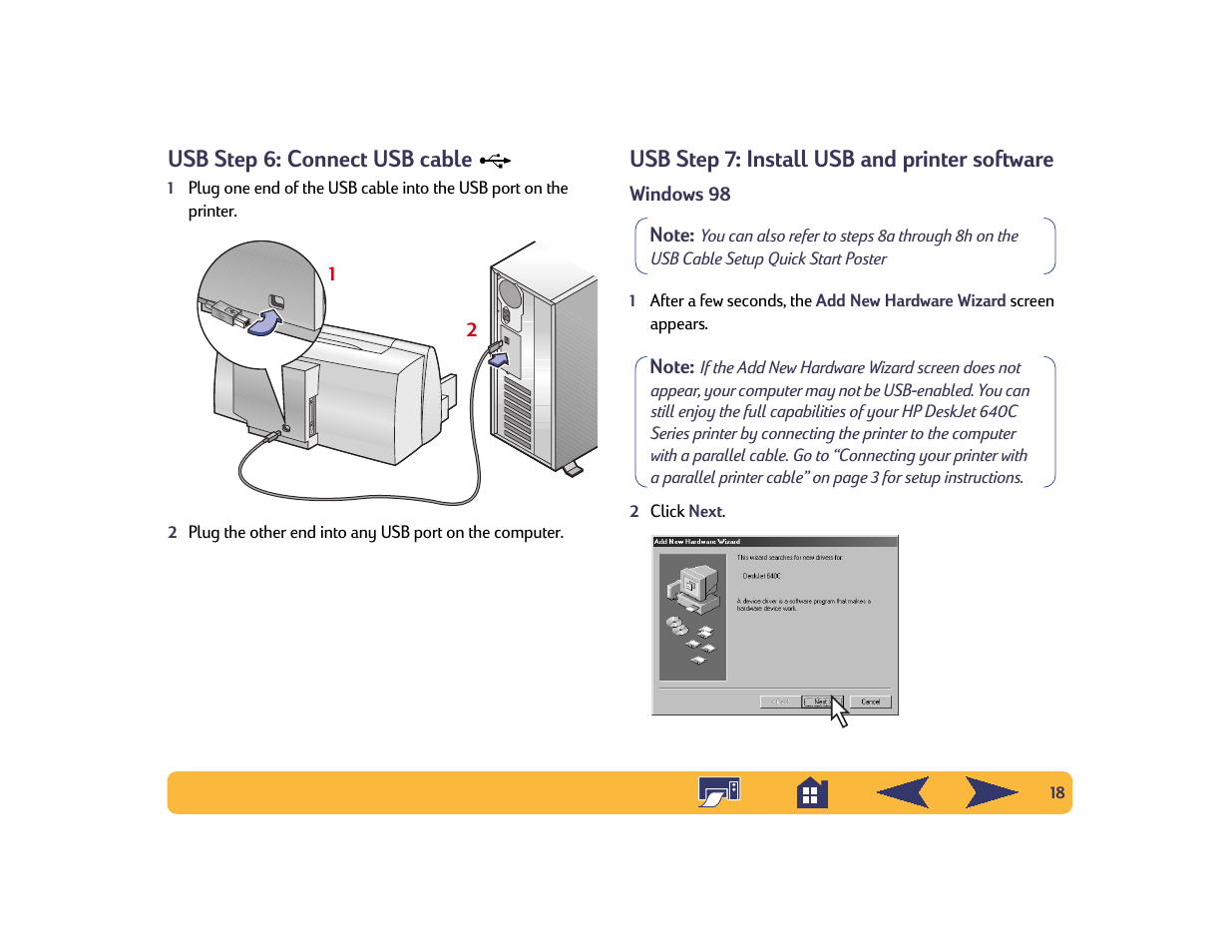 Usb step 6: connect usb cable, Usb step 7: install usb and printer software | HP Deskjet 642c Printer User Manual | Page 18 / 70