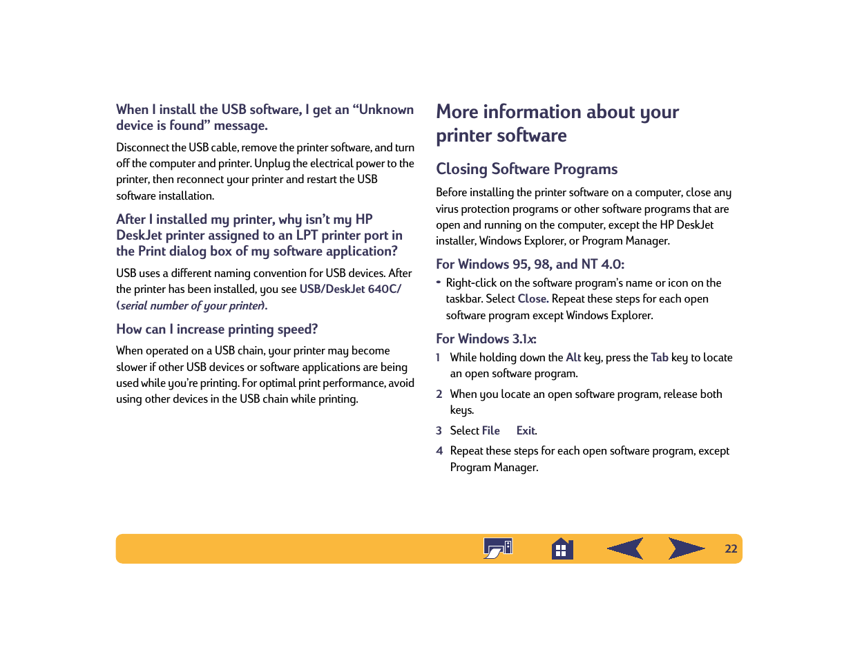 More information about your printer software, Closing software programs | HP Deskjet 642c Printer User Manual | Page 22 / 70