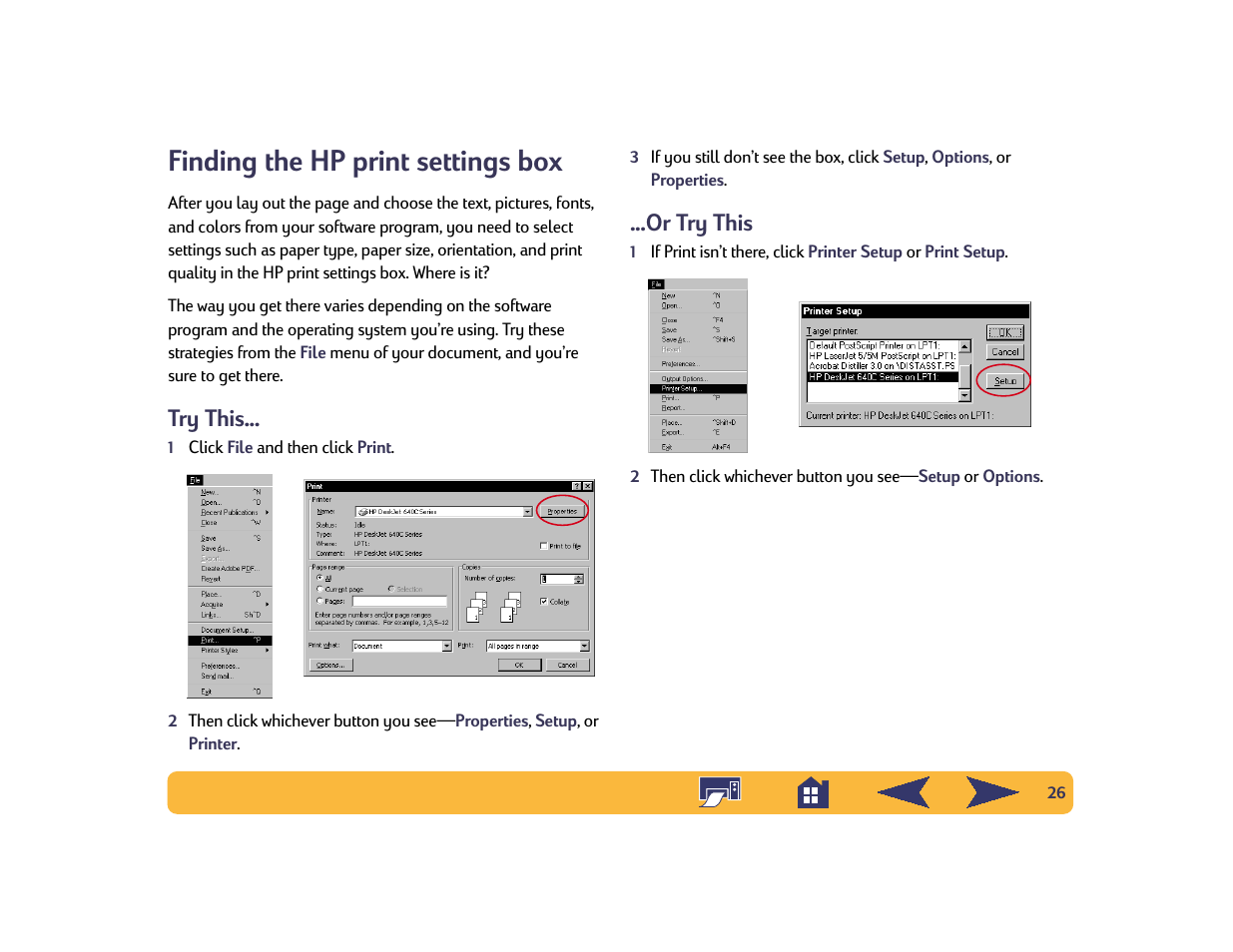 Finding the hp print settings box, Try this, Or try this | HP Deskjet 642c Printer User Manual | Page 26 / 70