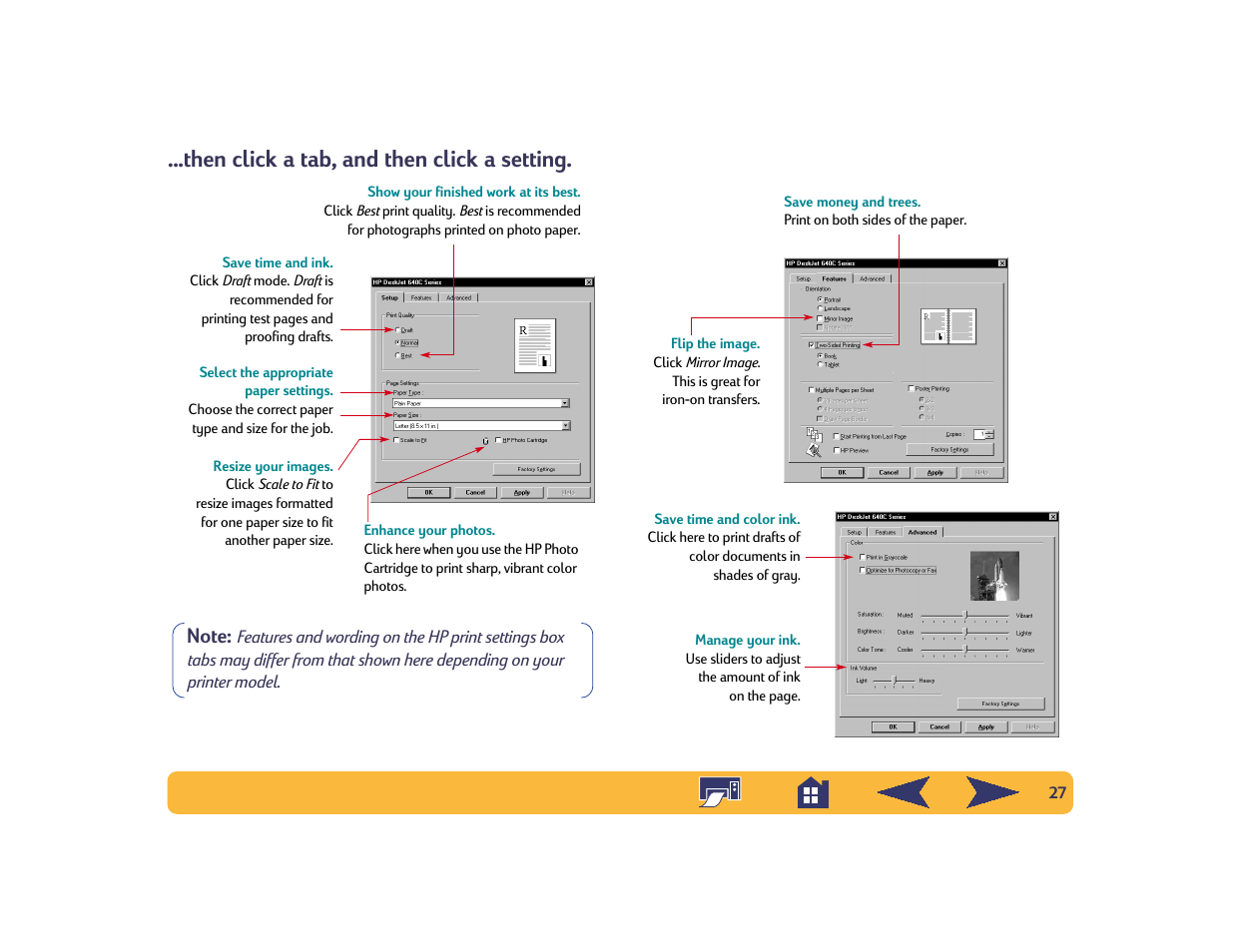 Then click a tab, and then click a setting | HP Deskjet 642c Printer User Manual | Page 27 / 70