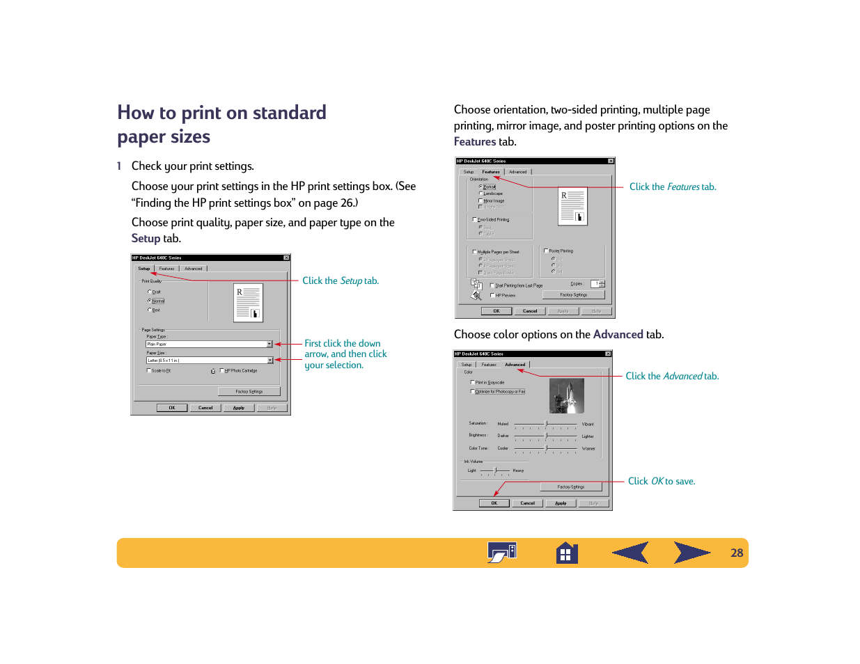 How to print on standard paper sizes | HP Deskjet 642c Printer User Manual | Page 28 / 70