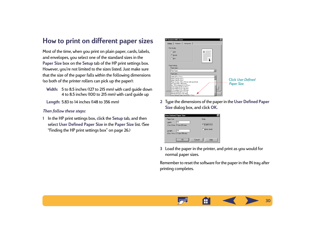 How to print on different paper sizes | HP Deskjet 642c Printer User Manual | Page 30 / 70