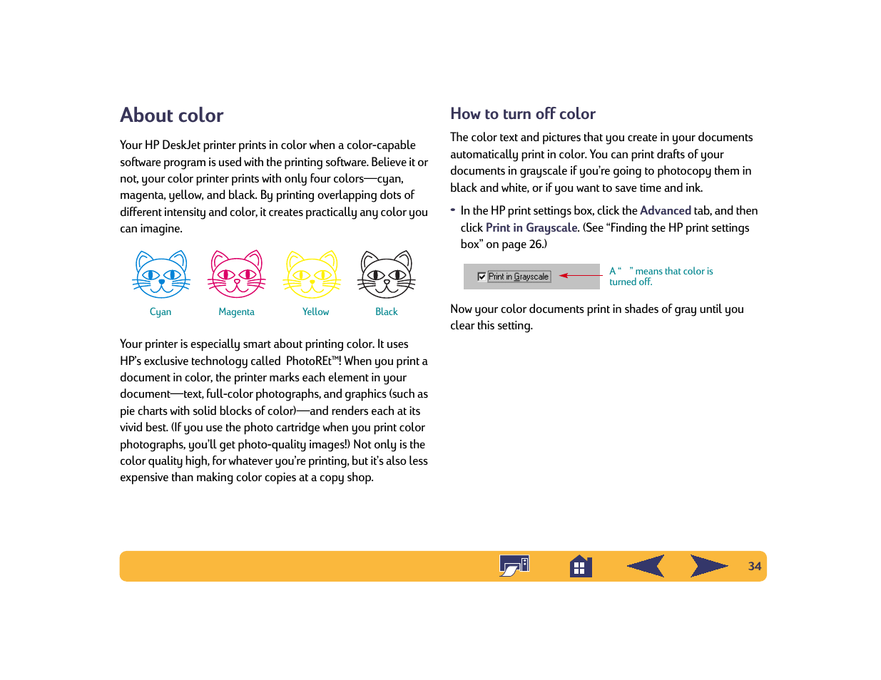 About color, How to turn off color | HP Deskjet 642c Printer User Manual | Page 34 / 70