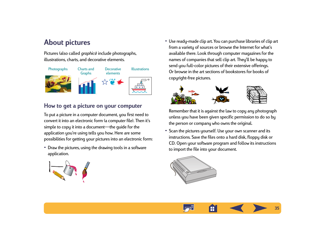 About pictures, How to get a picture on your computer | HP Deskjet 642c Printer User Manual | Page 35 / 70