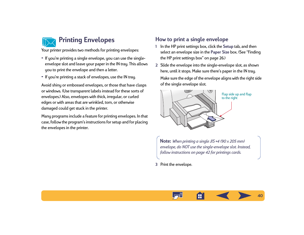 Printing envelopes, How to print a single envelope | HP Deskjet 642c Printer User Manual | Page 40 / 70