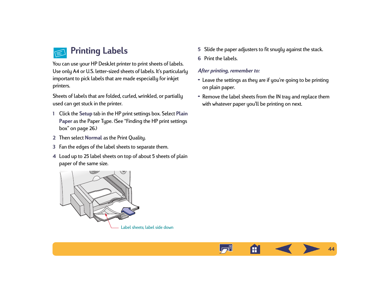 Printing labels | HP Deskjet 642c Printer User Manual | Page 44 / 70