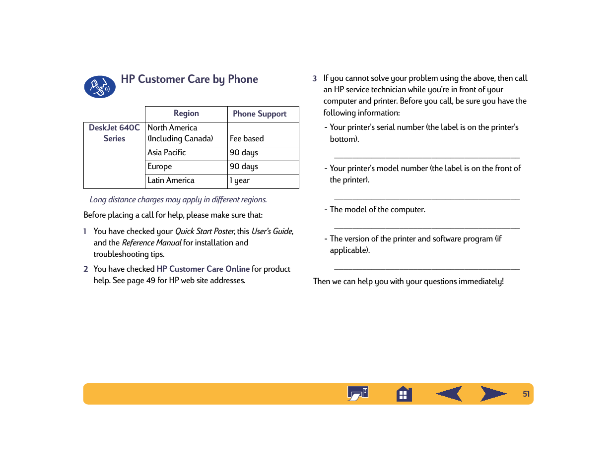 Hp customer care by phone | HP Deskjet 642c Printer User Manual | Page 51 / 70