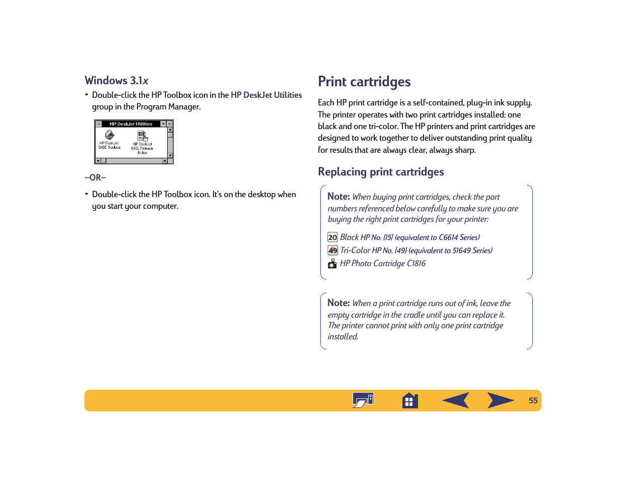 Windows 3.1x, Print cartridges, Replacing print cartridges | Windows 3.1 x | HP Deskjet 642c Printer User Manual | Page 55 / 70