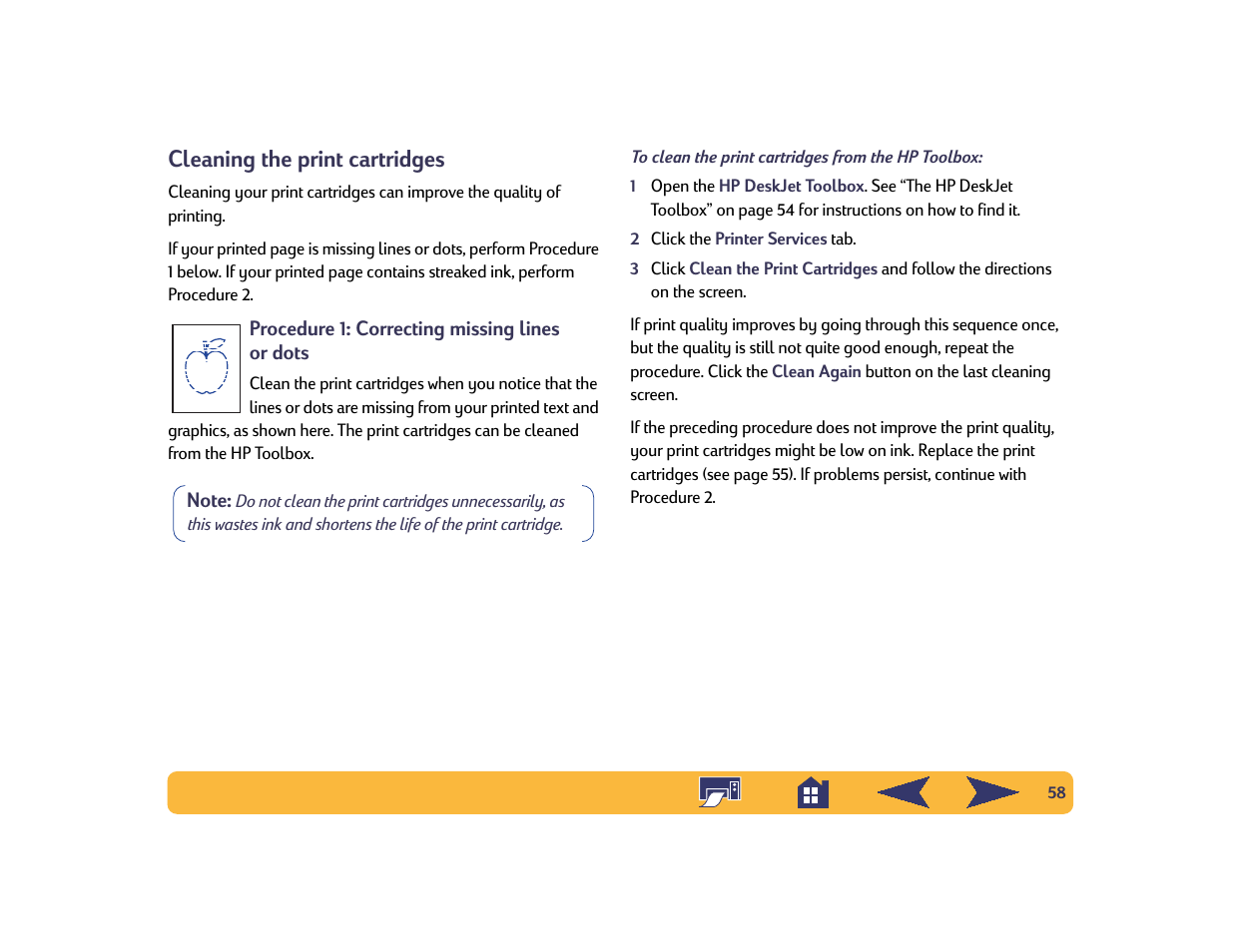 Cleaning the print cartridges | HP Deskjet 642c Printer User Manual | Page 58 / 70