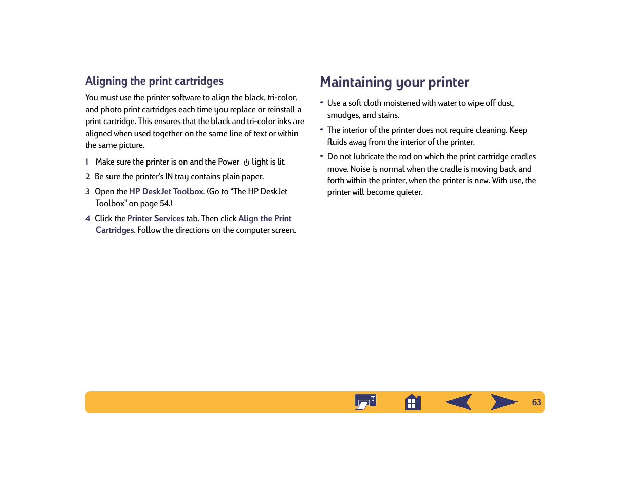 Aligning the print cartridges, Maintaining your printer | HP Deskjet 642c Printer User Manual | Page 63 / 70