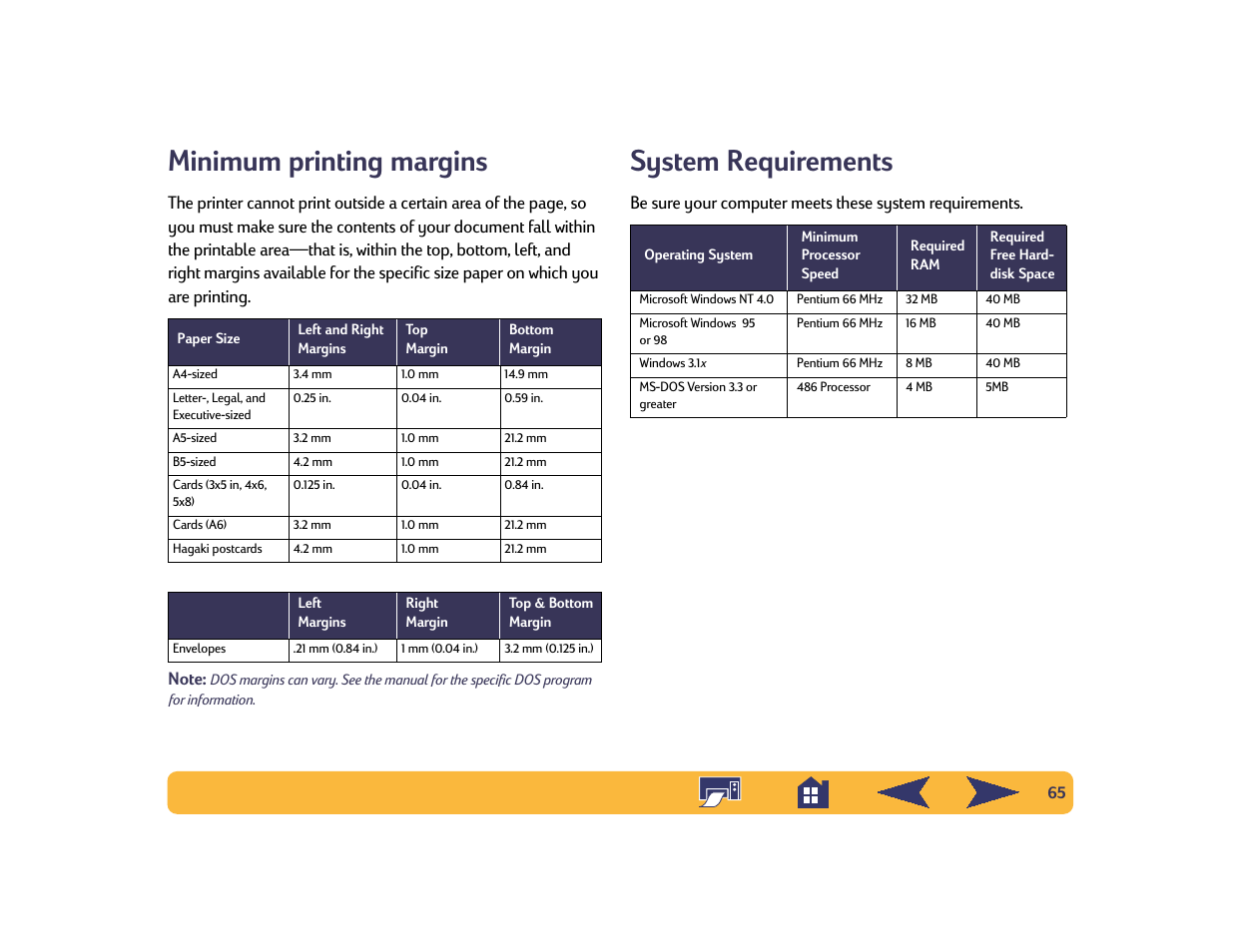 Minimum printing margins, System requirements, 65 system requirements | HP Deskjet 642c Printer User Manual | Page 65 / 70